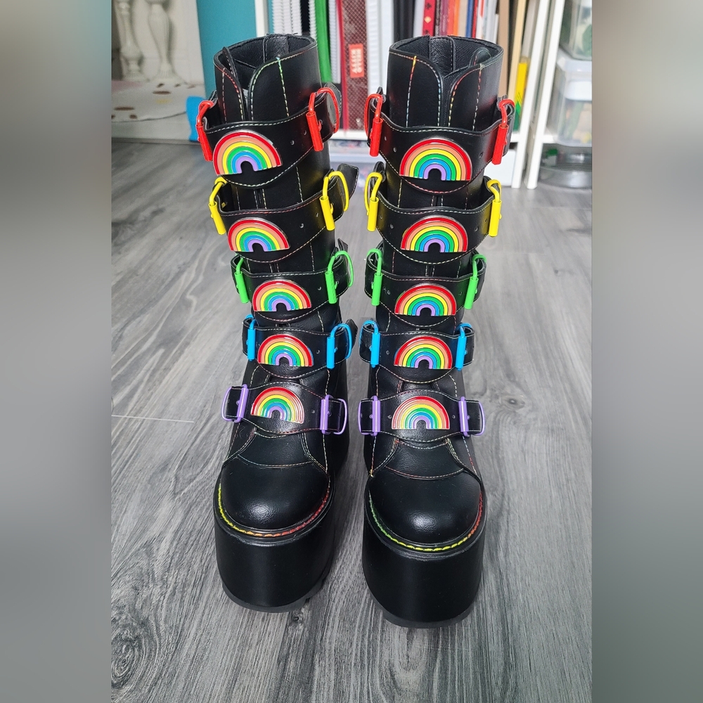 YRU Black Platform Boots with Rainbow Accents